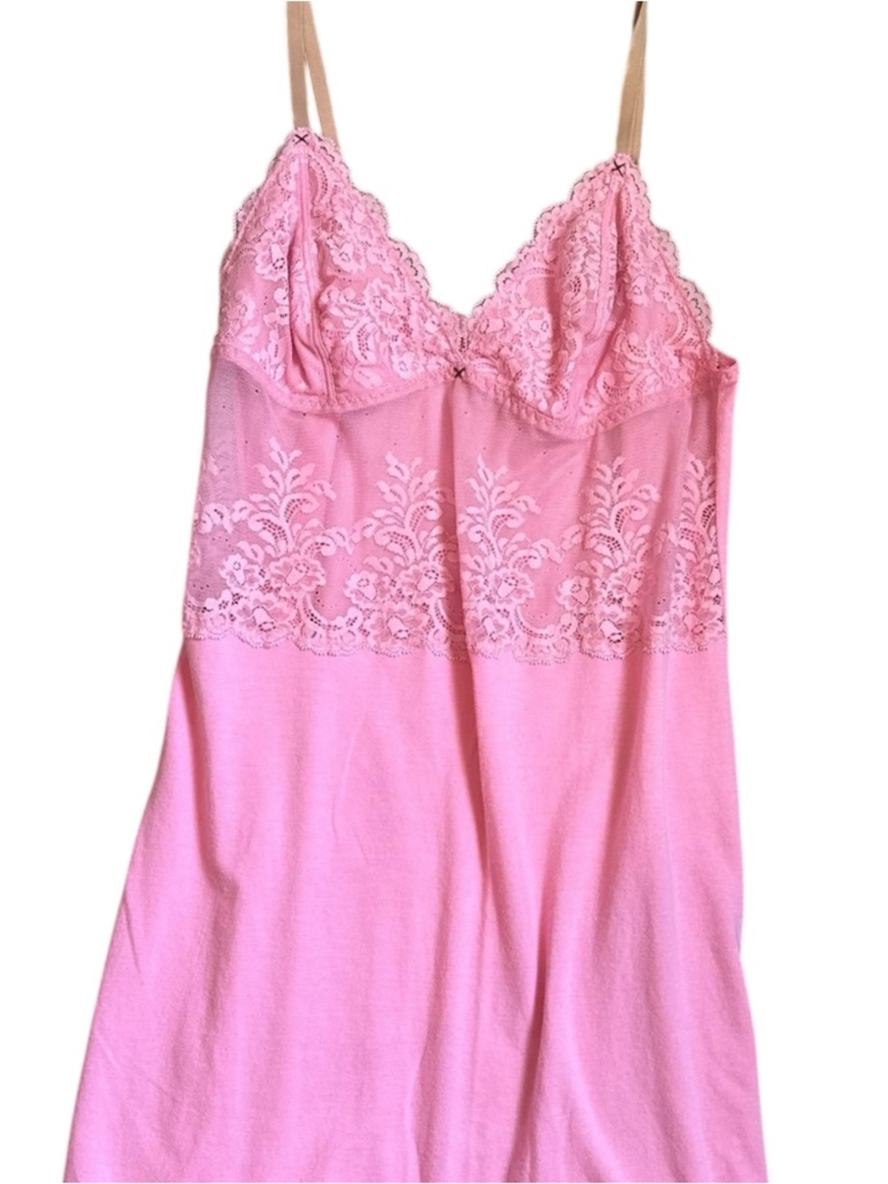 DKNY Pink Lace-Trim Slip Chemise with Beige Straps